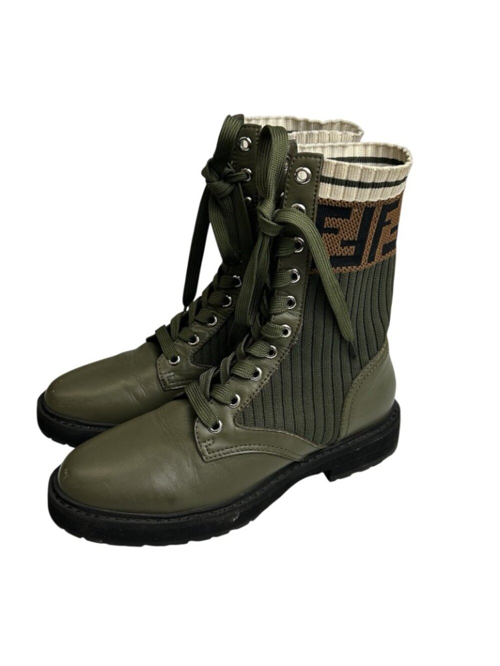 Fendi Rockoko Combat Green Leather Knit Boots Womens EU 37/US 7 Made In Italy - Picture 5 of 13